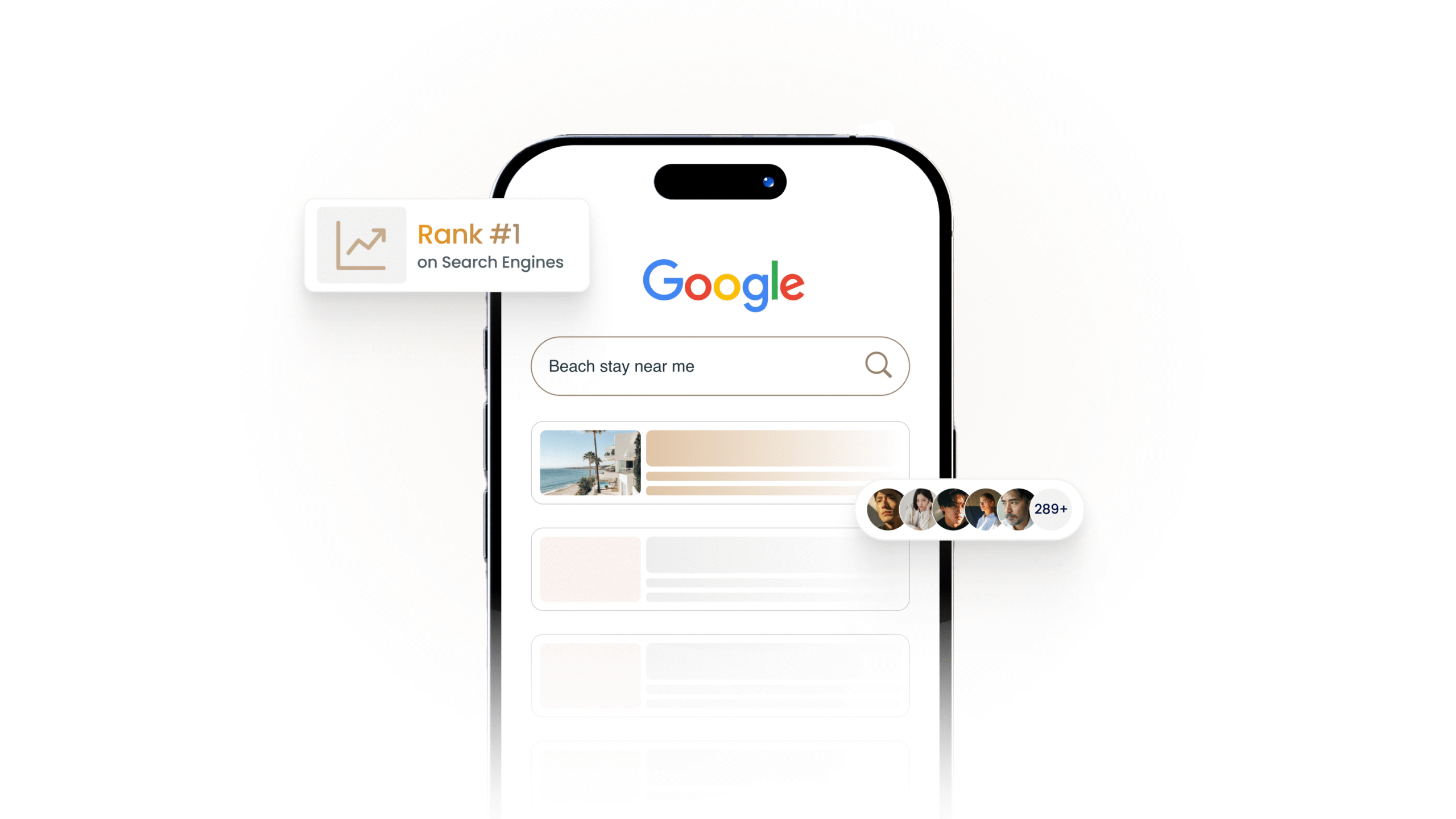 SEO hero image - Smartphone showing Google search for top-ranked beach stay near me.