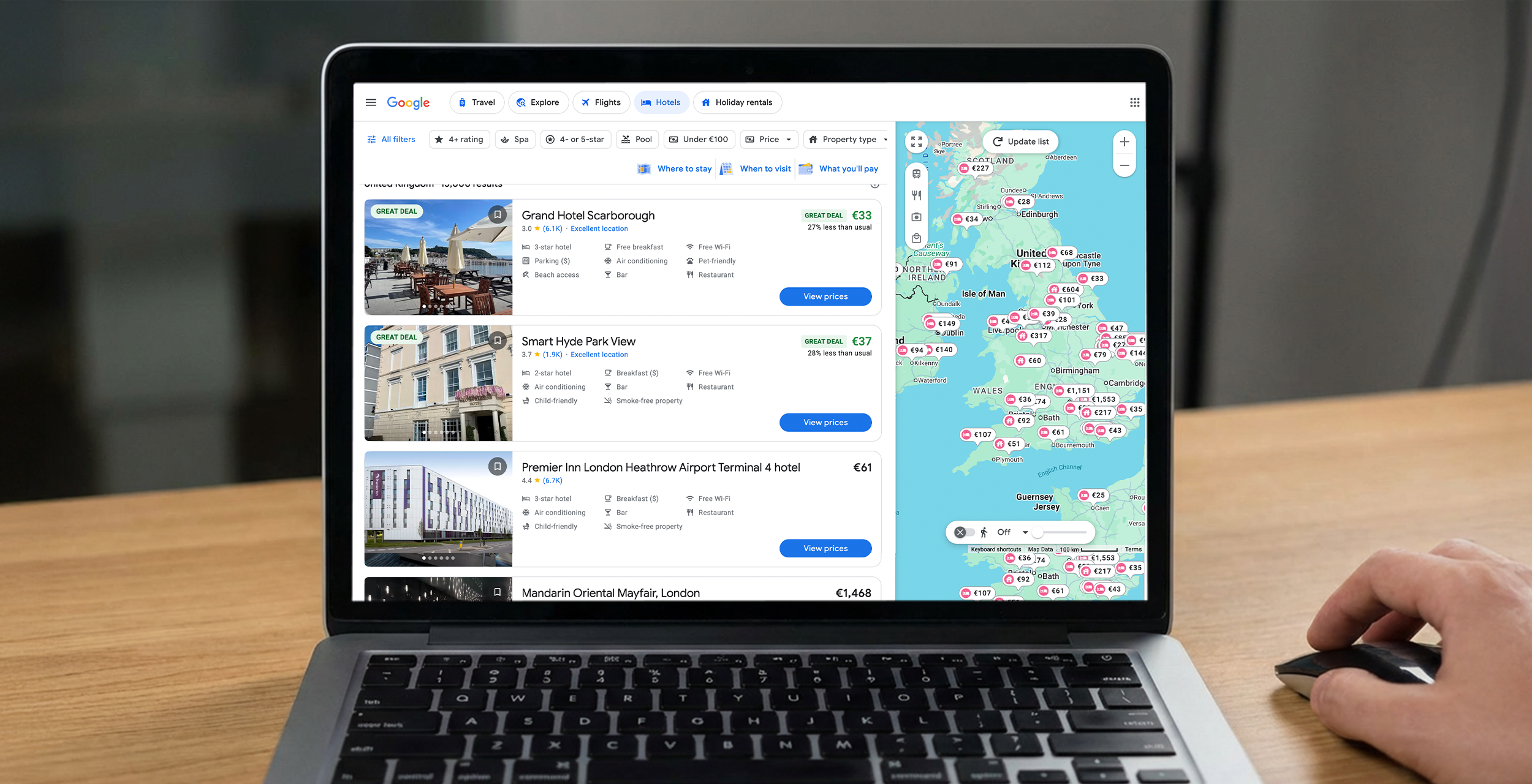Google Hotel Search Results Showing Local SEO Optimization for Direct Bookings