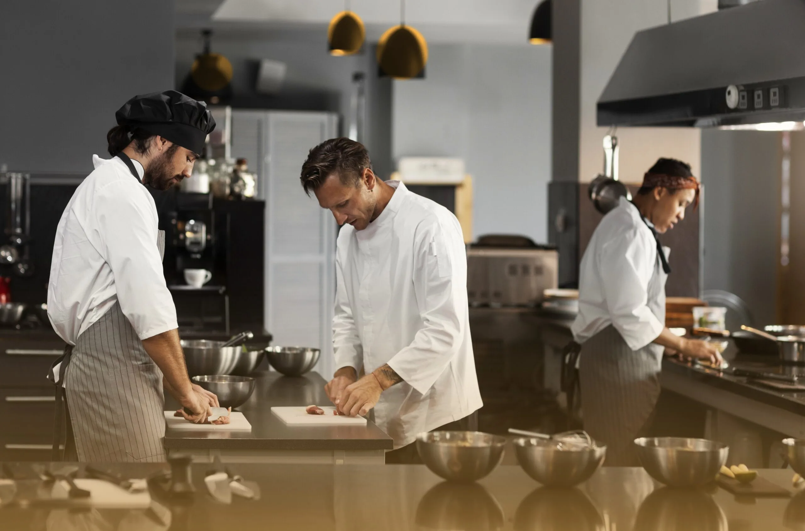Chefs preparing dishes in a busy restaurant kitchen