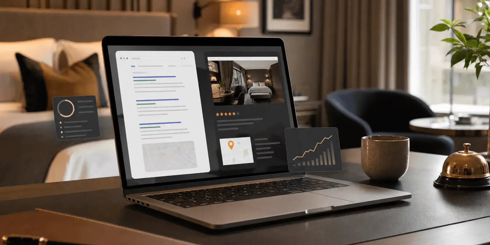 Laptop showing a hotel marketing dashboard in a boutique hotel room