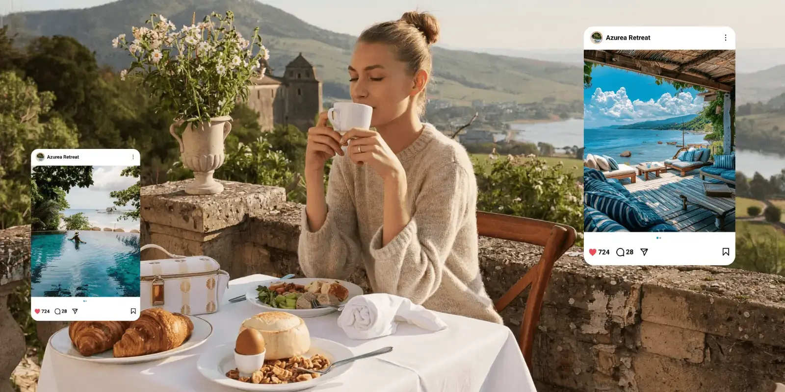 Guest enjoying breakfast on a hotel terrace with social media posts